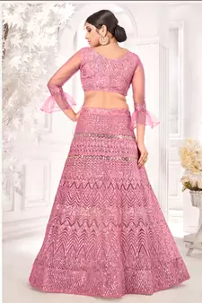 Pink embroidered net semi stitched lehenga
