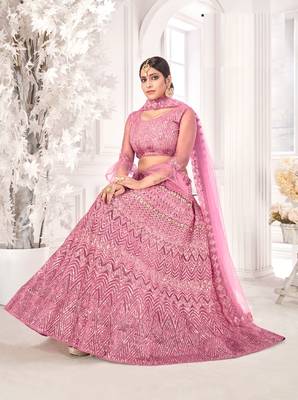 Pink embroidered net semi stitched lehenga 5