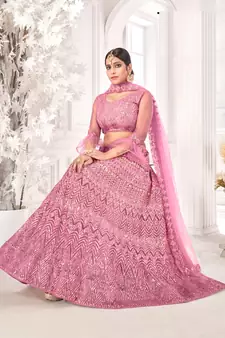 Pink embroidered net semi stitched lehenga