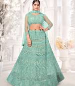 Sea-green embroidered net semi stitched lehenga