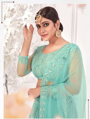 Sea-green embroidered net  lehenga 3
