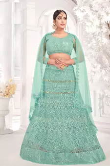 Sea-green embroidered net  lehenga