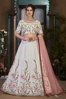 White Thread embroidered cotton semi stitched Bridal lehenga