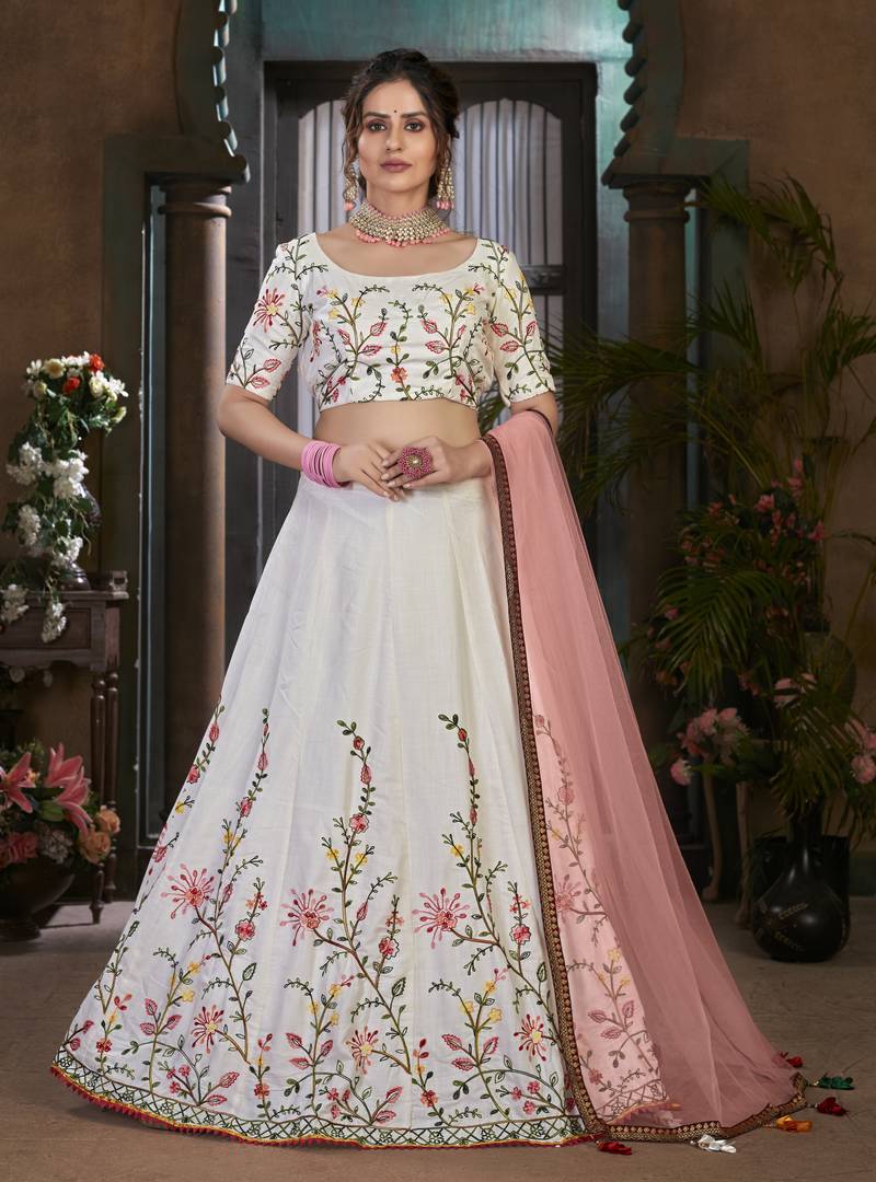 White Thread embroidered cotton semi stitched Bridal lehenga