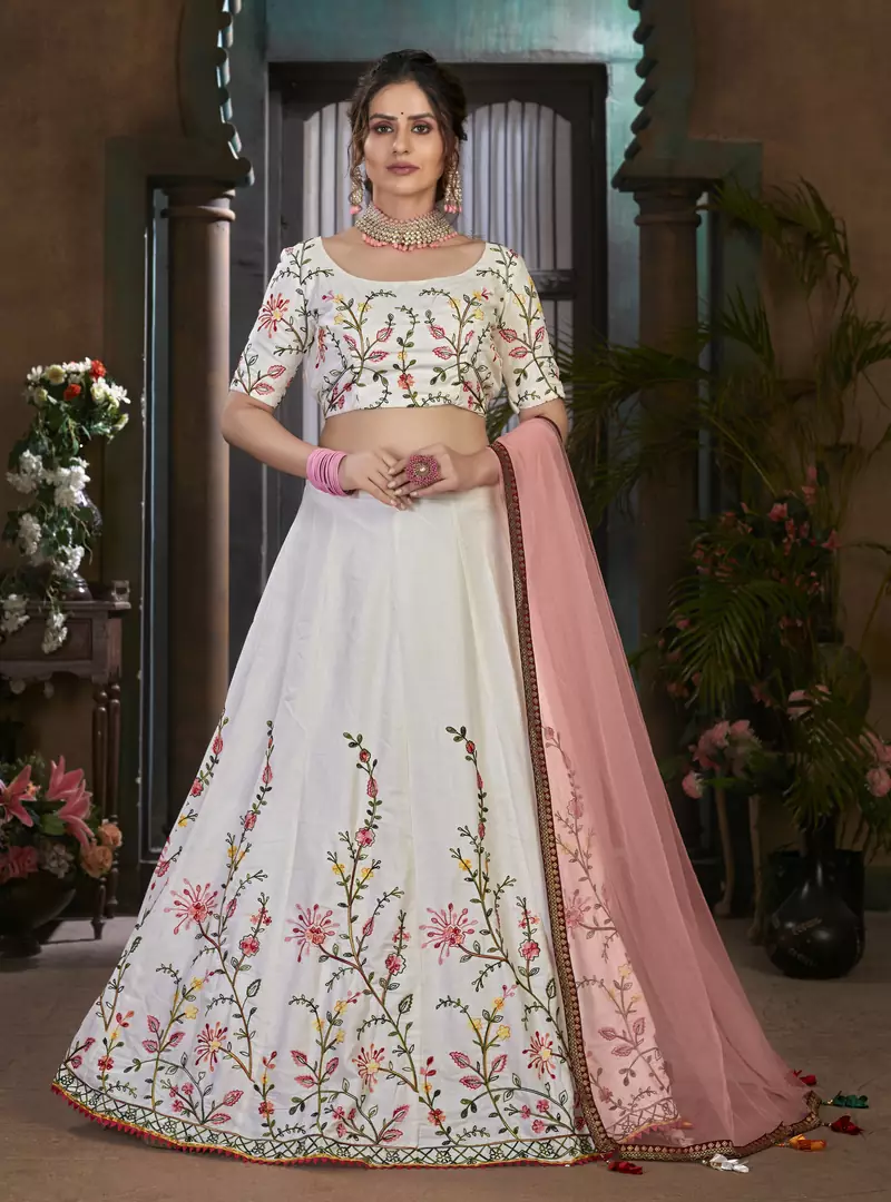 White Thread embroidered cotton semi stitched Bridal lehenga