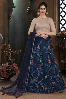 Navy blue Thread embroidered art silk semi stitched Bridal lehenga