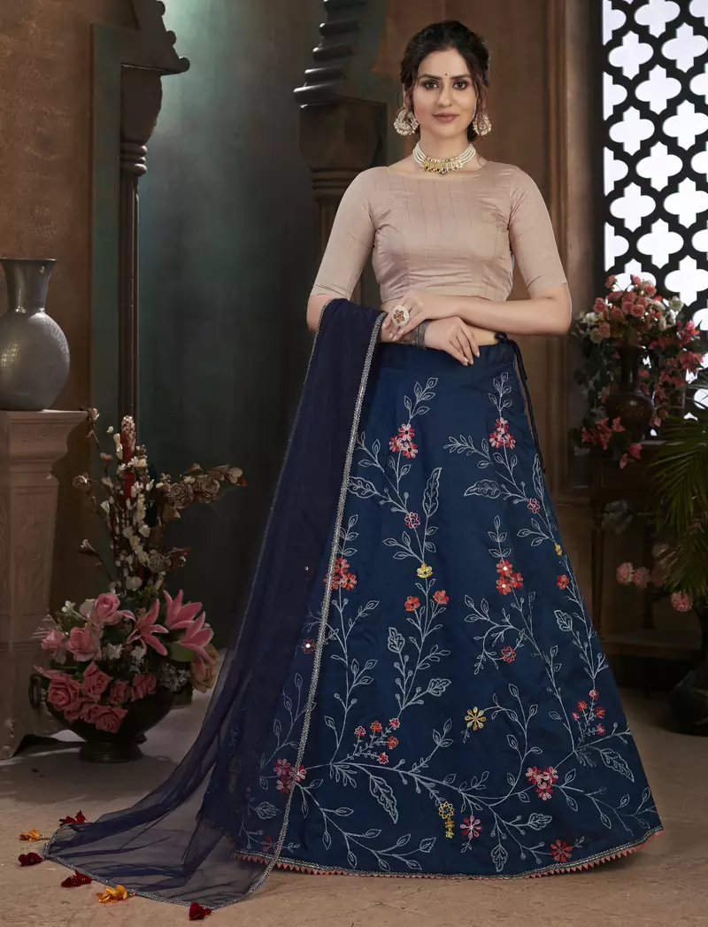 Navy blue Thread embroidered art silk semi stitched Bridal lehenga
