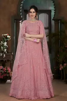 Pink Thread embroidered georgette semi stitched Bridal lehenga