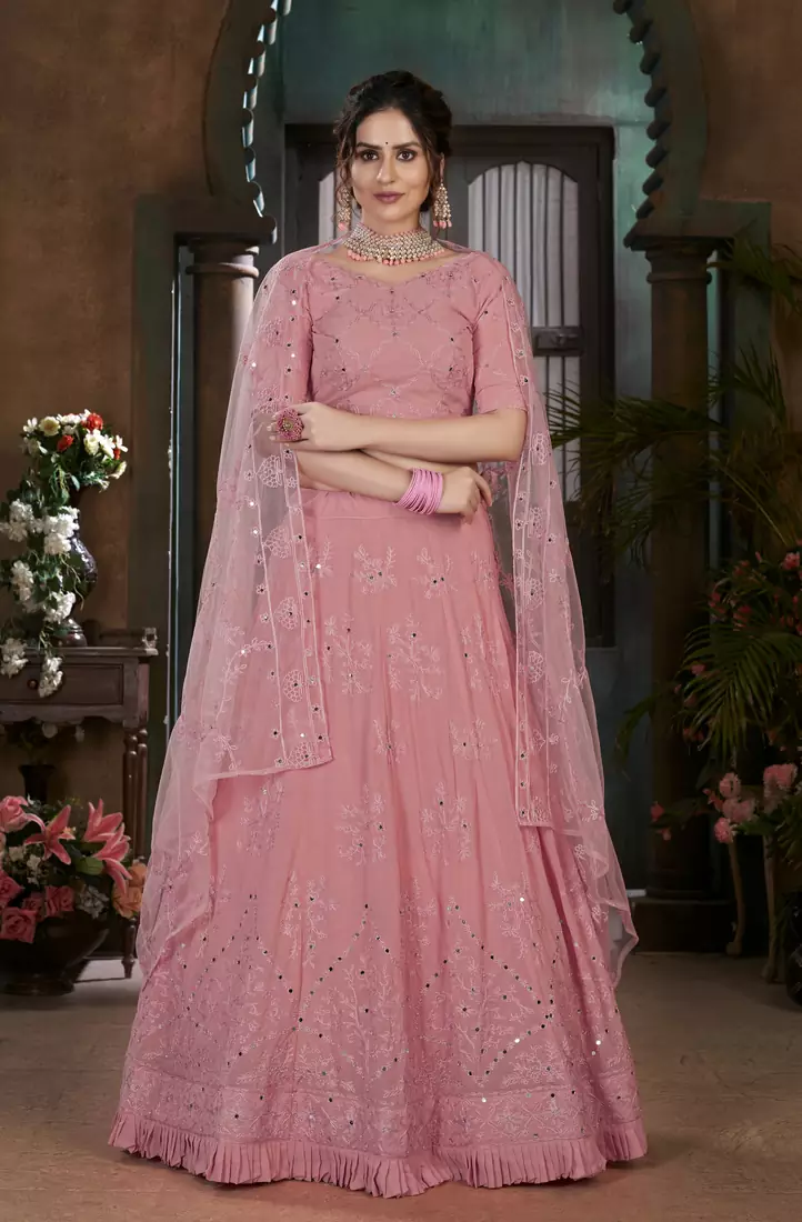 Pink Thread embroidered georgette semi stitched Bridal lehenga
