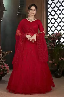 Red Thread embroidered net semi stitched Bridal lehenga
