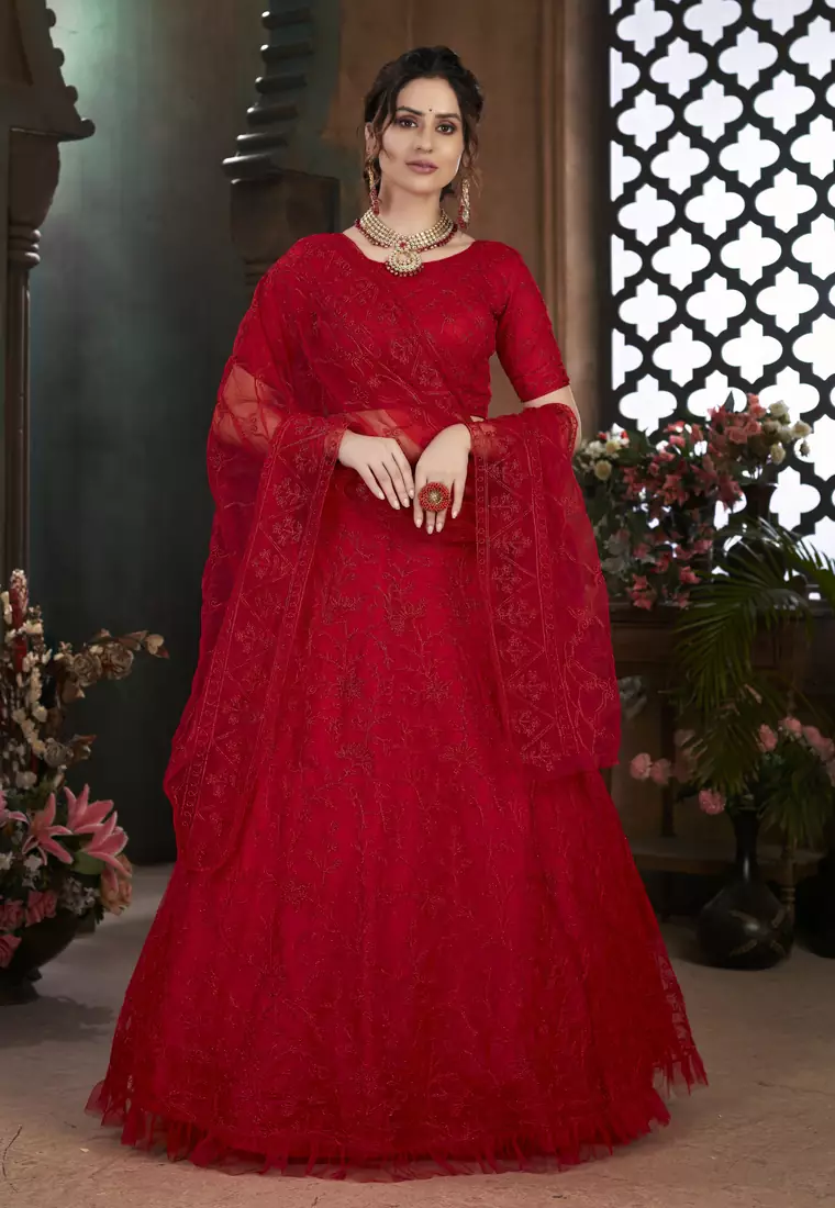 Red Thread embroidered net semi stitched Bridal lehenga