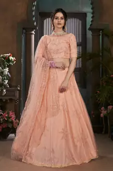 Peach Thread embroidered net semi stitched wedding lehenga
