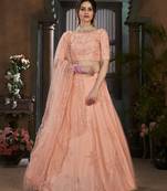 Peach Thread embroidered net semi stitched wedding lehenga