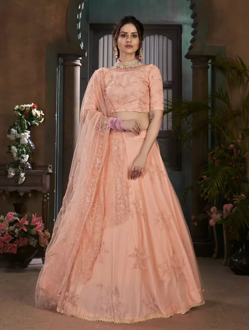 Peach Thread embroidered net semi stitched wedding lehenga