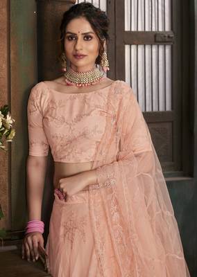 Peach Thread embroidered net semi stitched wedding lehenga 2
