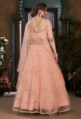Peach Thread embroidered net semi stitched wedding lehenga 4