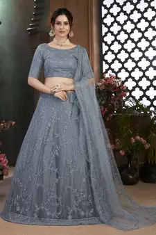 Grey Thread embroidered net semi stitched Bridal lehenga