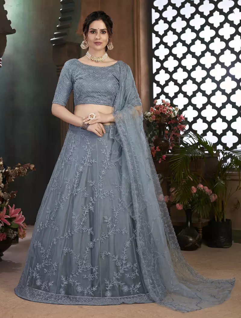 Grey Thread embroidered net semi stitched Bridal lehenga