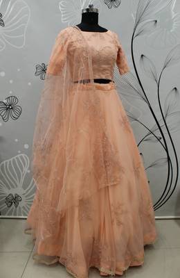 Peach Thread embroidered net semi stitched wedding lehenga 6