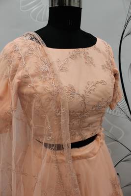 Peach Thread embroidered net semi stitched wedding lehenga 7
