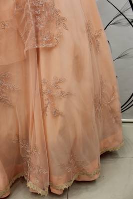 Peach Thread embroidered net semi stitched wedding lehenga 8