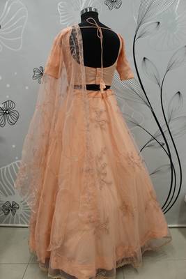 Peach Thread embroidered net semi stitched wedding lehenga 9