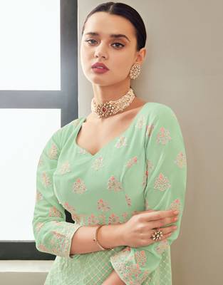 Light-sea-green embroidered georgette salwar 3