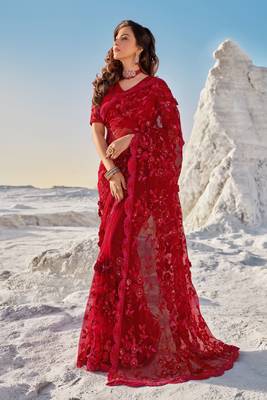 Red embroidered net saree with blouse 1