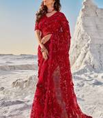 Red embroidered net saree with blouse