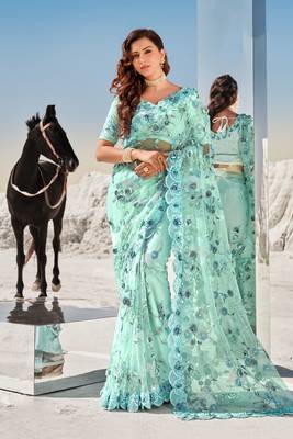 Sky blue embroidered net saree with blouse 1