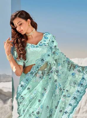 Sky blue embroidered net saree with blouse 2