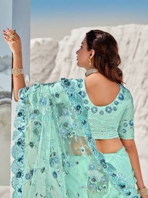 Sky blue embroidered net saree with blouse 3