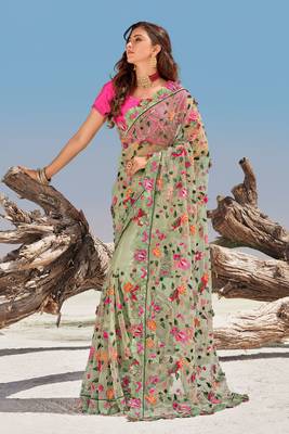 Light green embroidered net saree with blouse 1