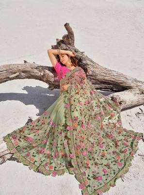 Light green embroidered net saree with blouse 2
