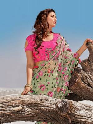Light green embroidered net saree with blouse 3