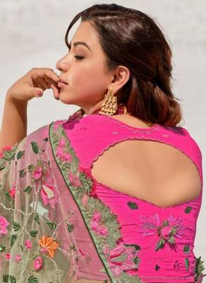 Light green embroidered net saree with blouse 4
