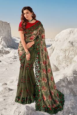 Mehendi embroidered net saree with blouse 1