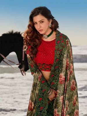 Mehendi embroidered net saree with blouse 2