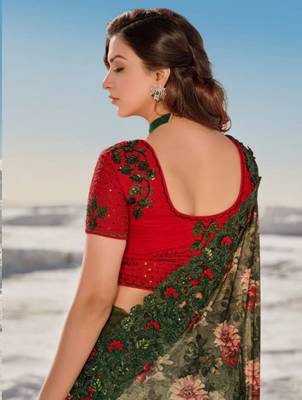 Mehendi embroidered net saree with blouse 3