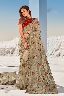 Chiku embroidered net saree with blouse 1
