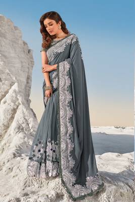 Grey embroidered net saree with blouse 1