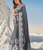 Grey embroidered net saree with blouse