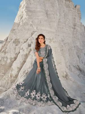 Grey embroidered net saree with blouse 2