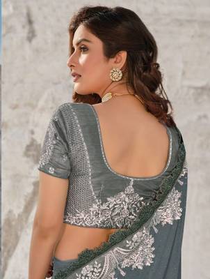 Grey embroidered net saree with blouse 4