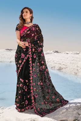 Black embroidered net saree with blouse 1