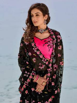 Black embroidered net saree with blouse 2