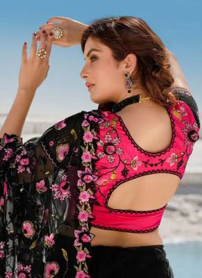Black embroidered net saree with blouse 3