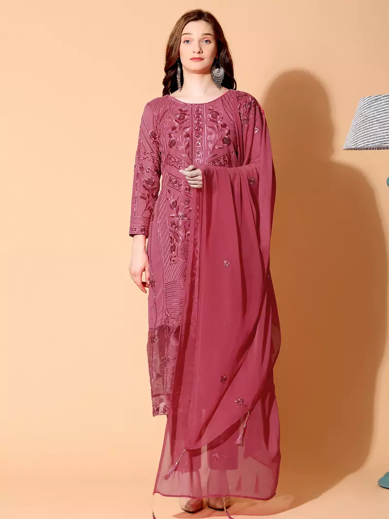 Coral embroidered georgette salwar