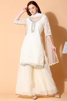 Cream embroidered net salwar