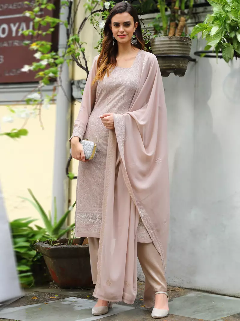 Beige embroidered georgette salwar